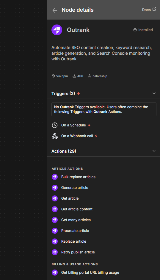 Outrank node details in n8n showing article, keyword, product, and Search Console actions