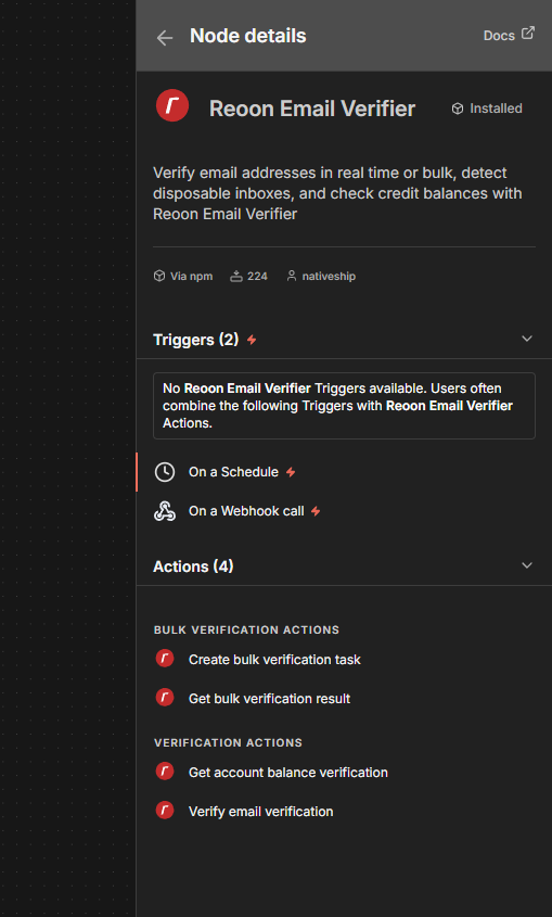 Reoon Email Verifier node details in n8n showing verification and bulk verification actions