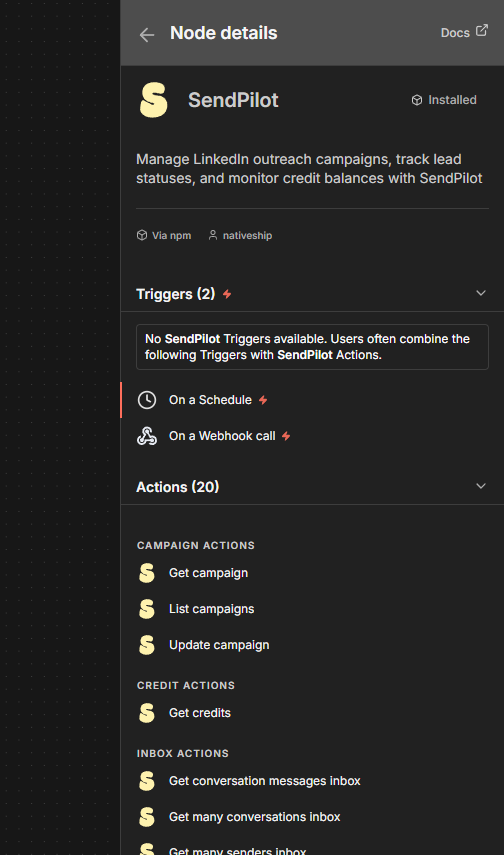 SendPilot node details in n8n showing campaign, lead, inbox, and credit actions