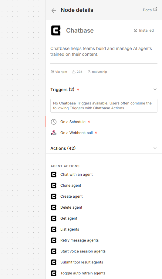 Chatbase node details in n8n showing agent, conversation, Helpdesk, source, and WhatsApp actions