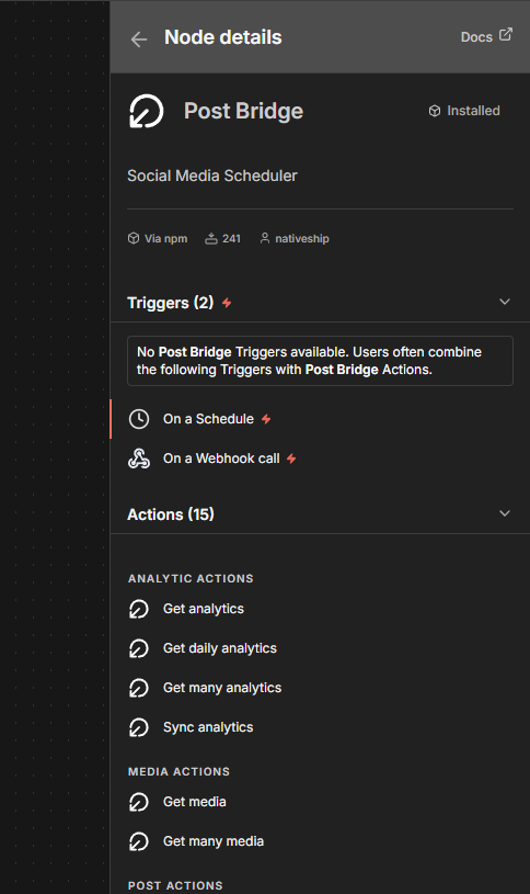 Post Bridge node details in n8n showing triggers and available analytics and media actions