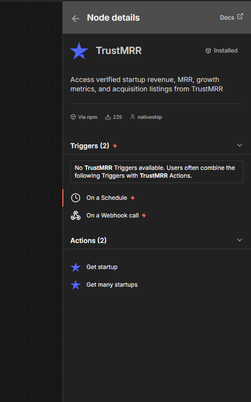 TrustMRR node details in n8n showing Get and Get Many startup actions