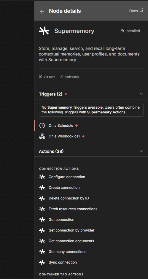 Supermemory node details in n8n showing memory, document, and search actions