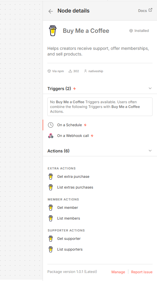 Buy Me a Coffee node details in n8n showing supporter, member, and extra purchase actions