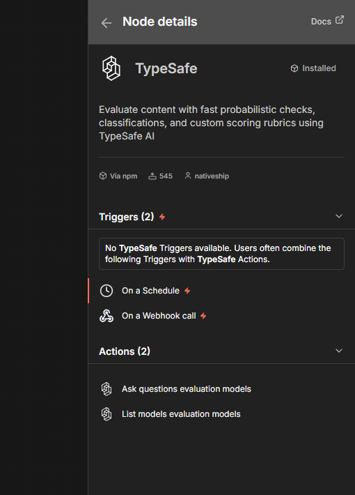 TypeSafe node details in n8n showing Evaluate Content and Get Many Models actions
